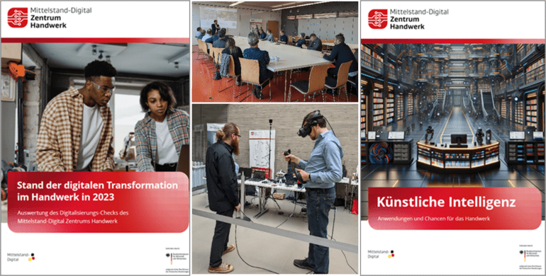 Broschüre zum Stand der Digitalen Transformation im Handwerk 2023 (links), Eindrücke Multiplikatoren-Camp (Mitte) und Themenheft KI (rechts) 